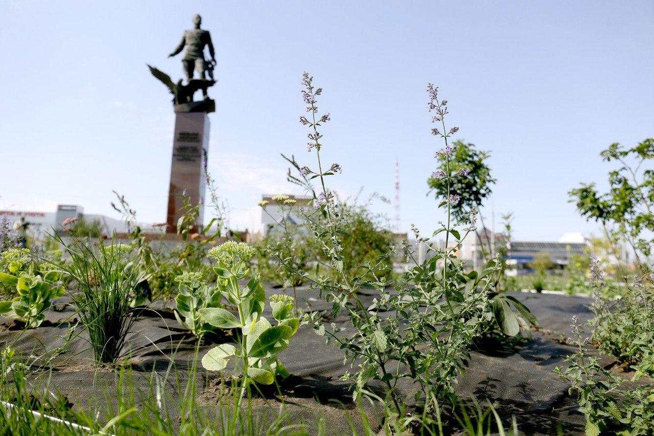 Фото В Новосибирске завершили озеленение у памятника Покрышкину на Маркса 3